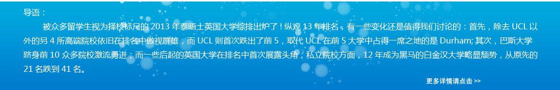 導語：被眾多留學生視為擇校標尺的2013年泰晤士英國大學綜排出爐了!縱觀13年排名，有一些變化還是值得我們討論的：首先，除去UCL以外的另4所高端院校依舊在排名中傲視群雄，而UCL則首次跌出了前5，取代UCL在前5大學中占得一席之地的是Durham;其次，巴斯大學躋身前10 眾多院校激流勇進；而一些后起的英國大學在排名中首次展露頭角；私立院校方面，12年成為黑馬的白金漢大學略顯頹勢，從原先的21名跌到41名。 